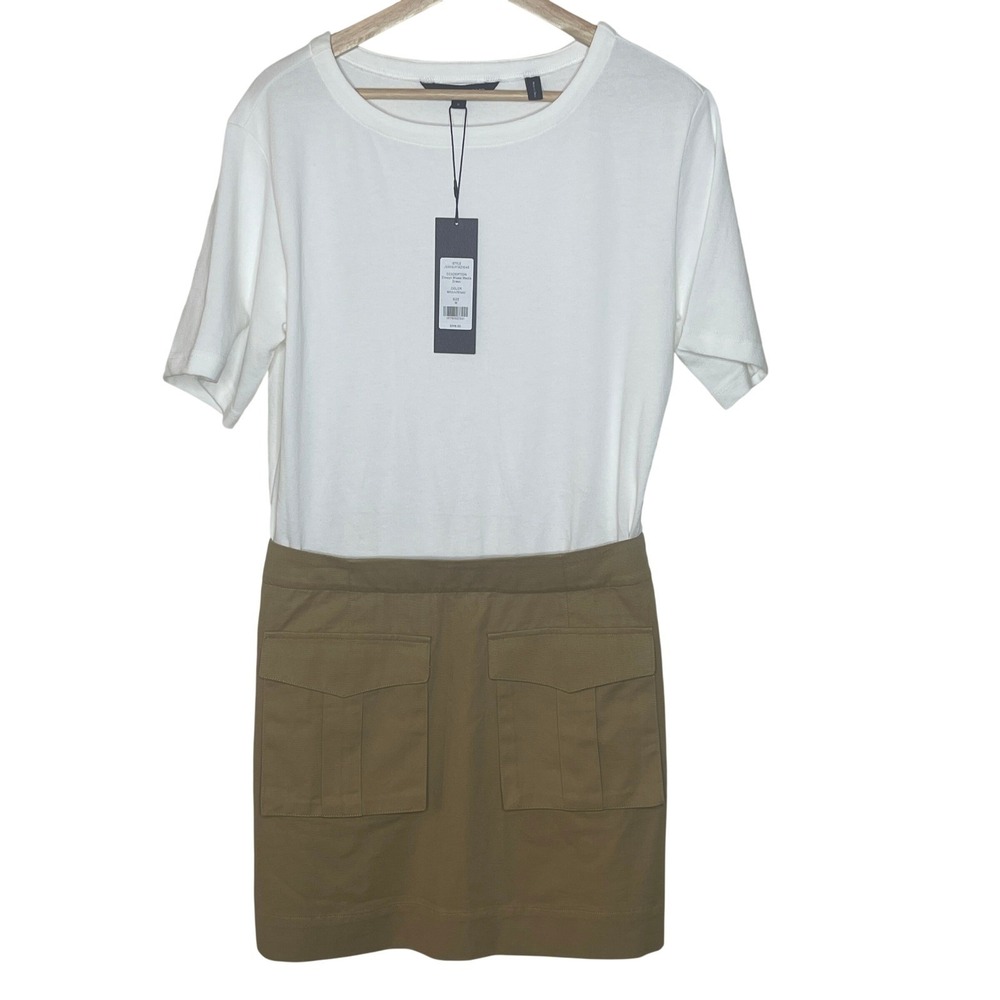 VERONICA BEARD Elwyn Mixed Media White Khaki T-shirt Skirt Cargo Pockets Size M